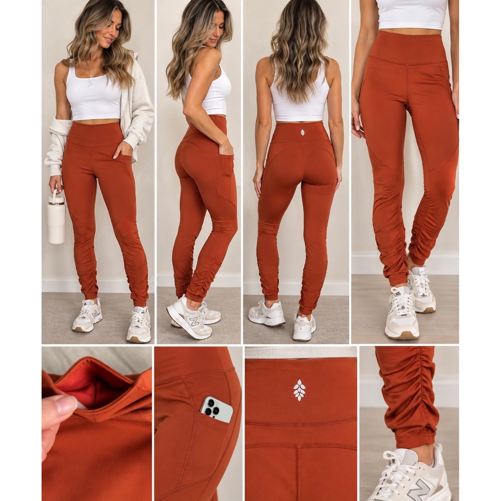 Free People Movement Leggings M Burnt Orange Ruched Ankle High Rise Pockets